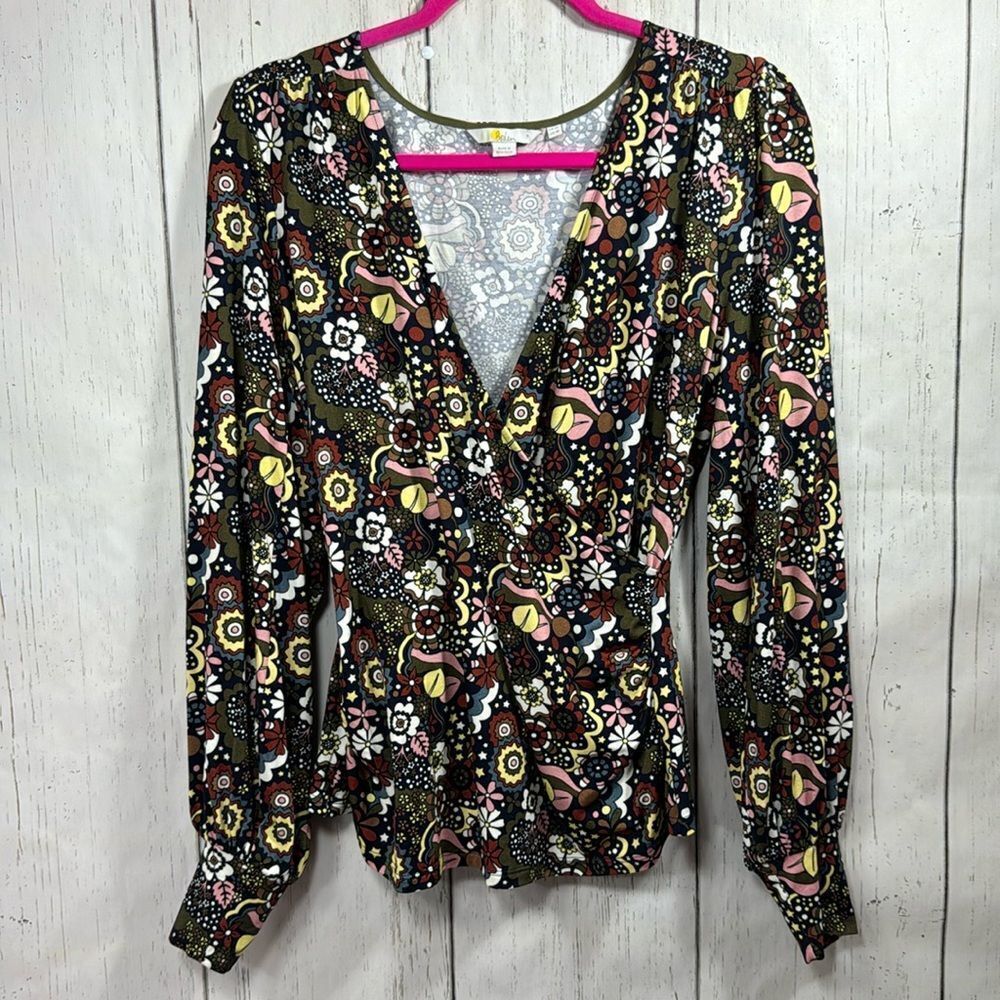 Boden Multicolor Floral Wrap-Style Long Sleeve Top - Brown, Pink, Yellow, White